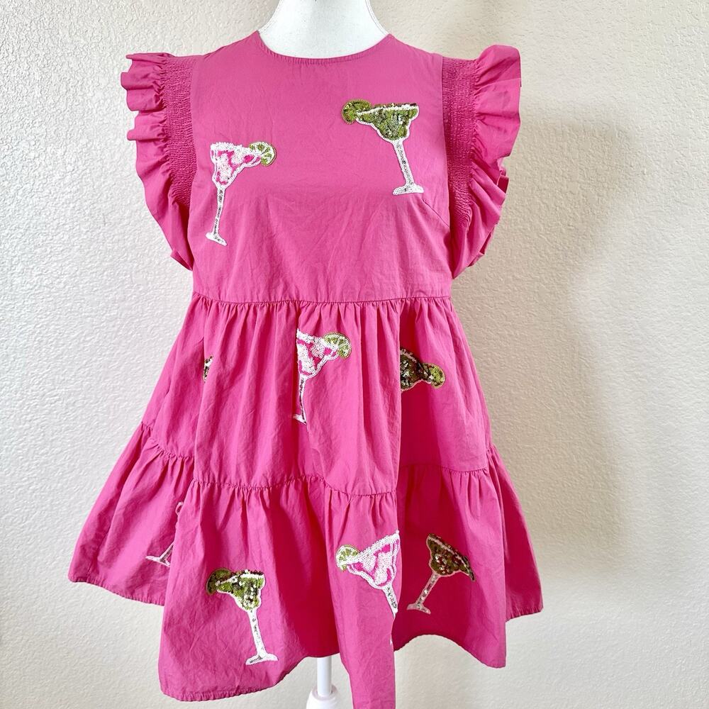 Peach Love California Pink Margarita Sequin Mini Dress S Ruffle Sleeve Tiered